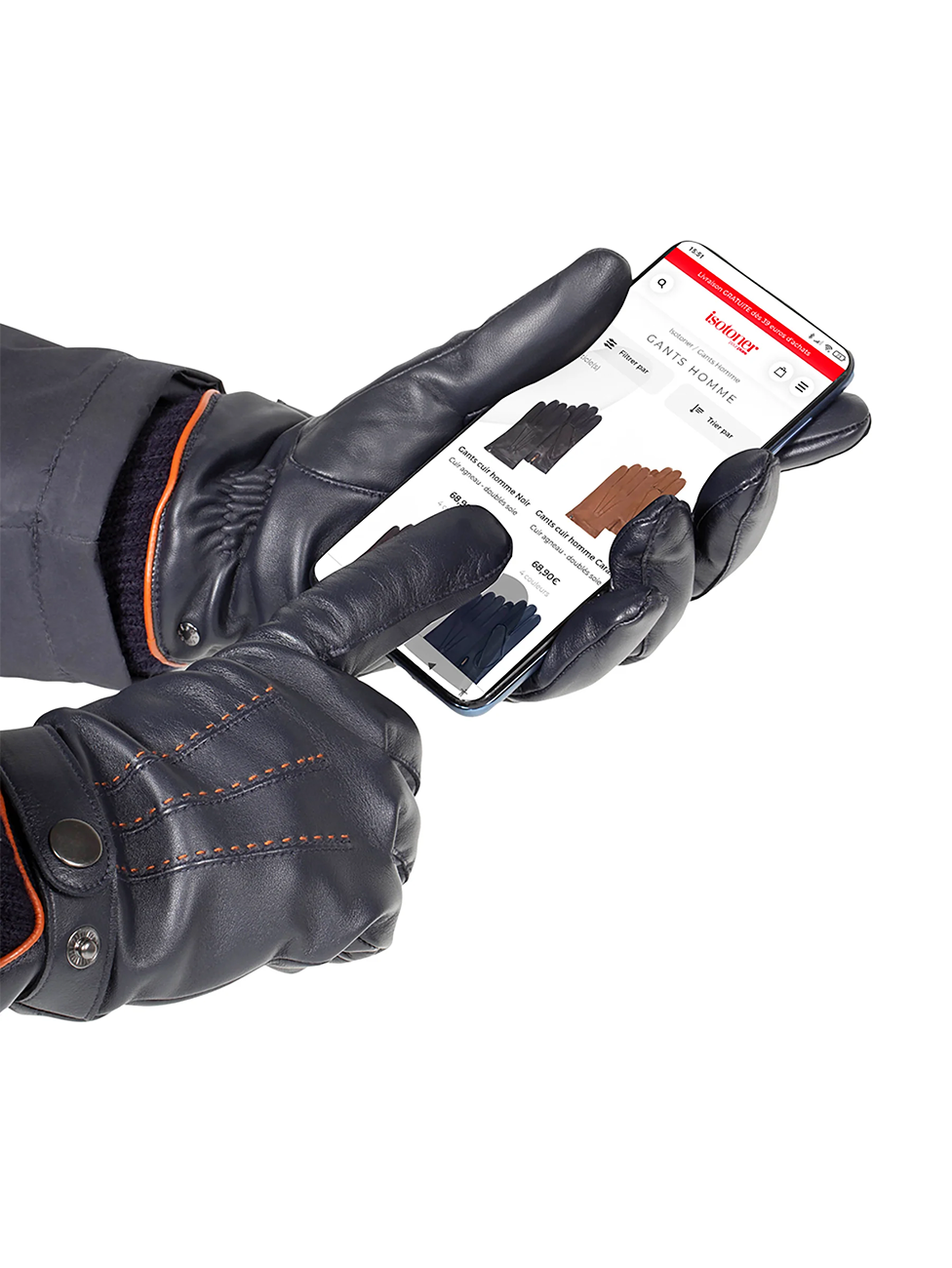 Isotoner Men's Touchscreen Gloves With Leather And Knitted Wrists