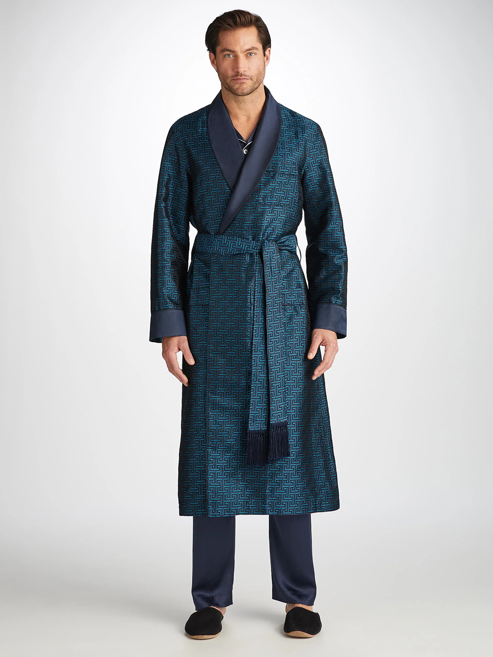 derek rose silk dressing gown Men's Robe Woburn Silk Satin Navy