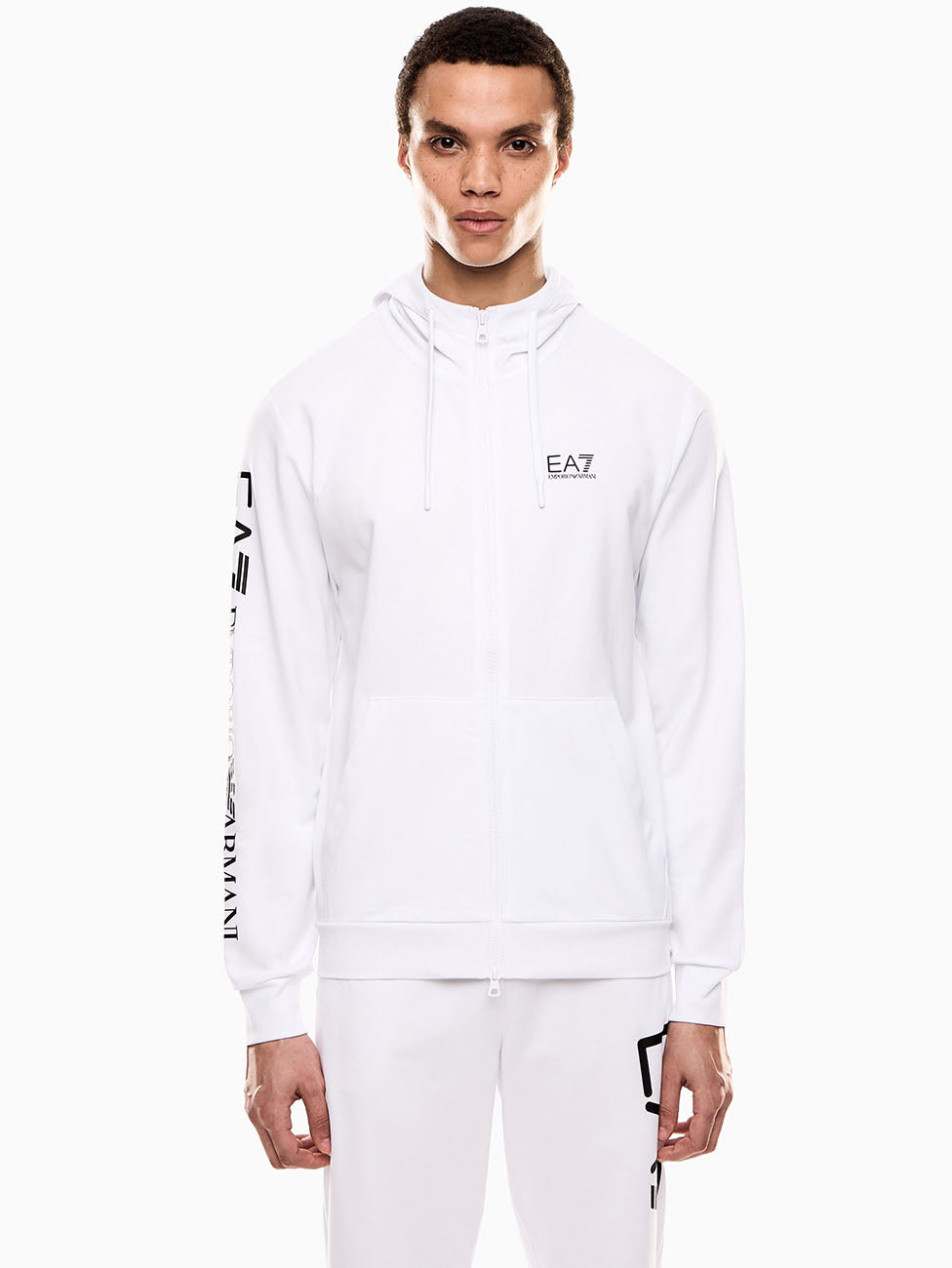 EA7 Logo Series Hooded Cotton Zip-up Sweatshirt