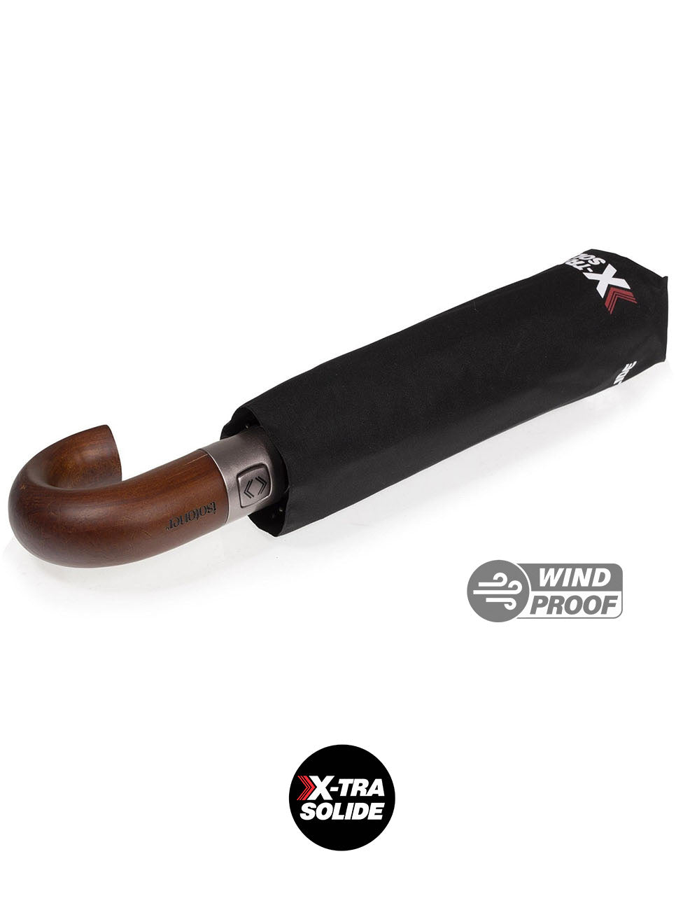 Isotoner Black DELUXE Wooden Crook X-TRA SOLIDE Umbrella