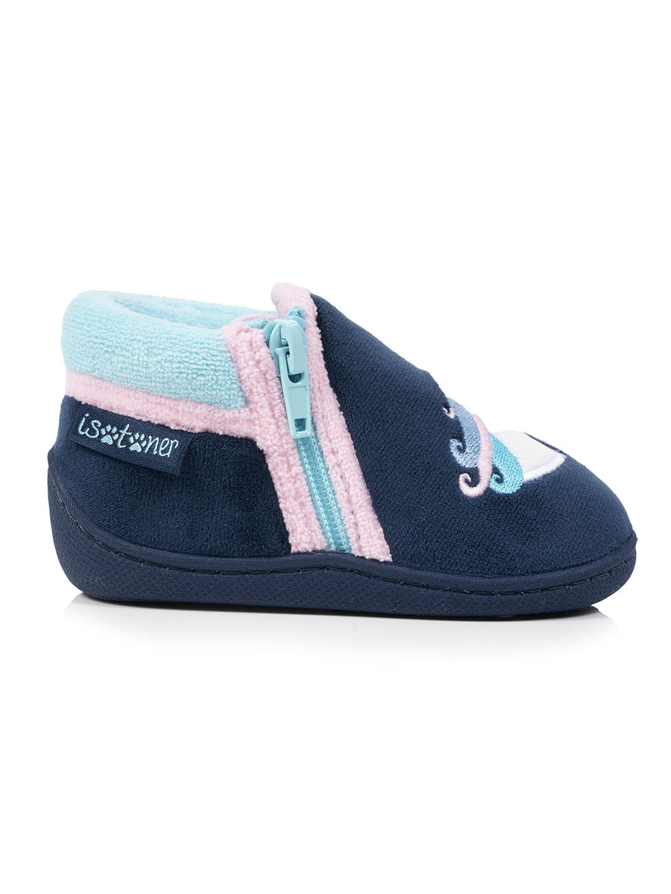 Isotoner Navy Baby Girls Zip Velour Boot Slippers