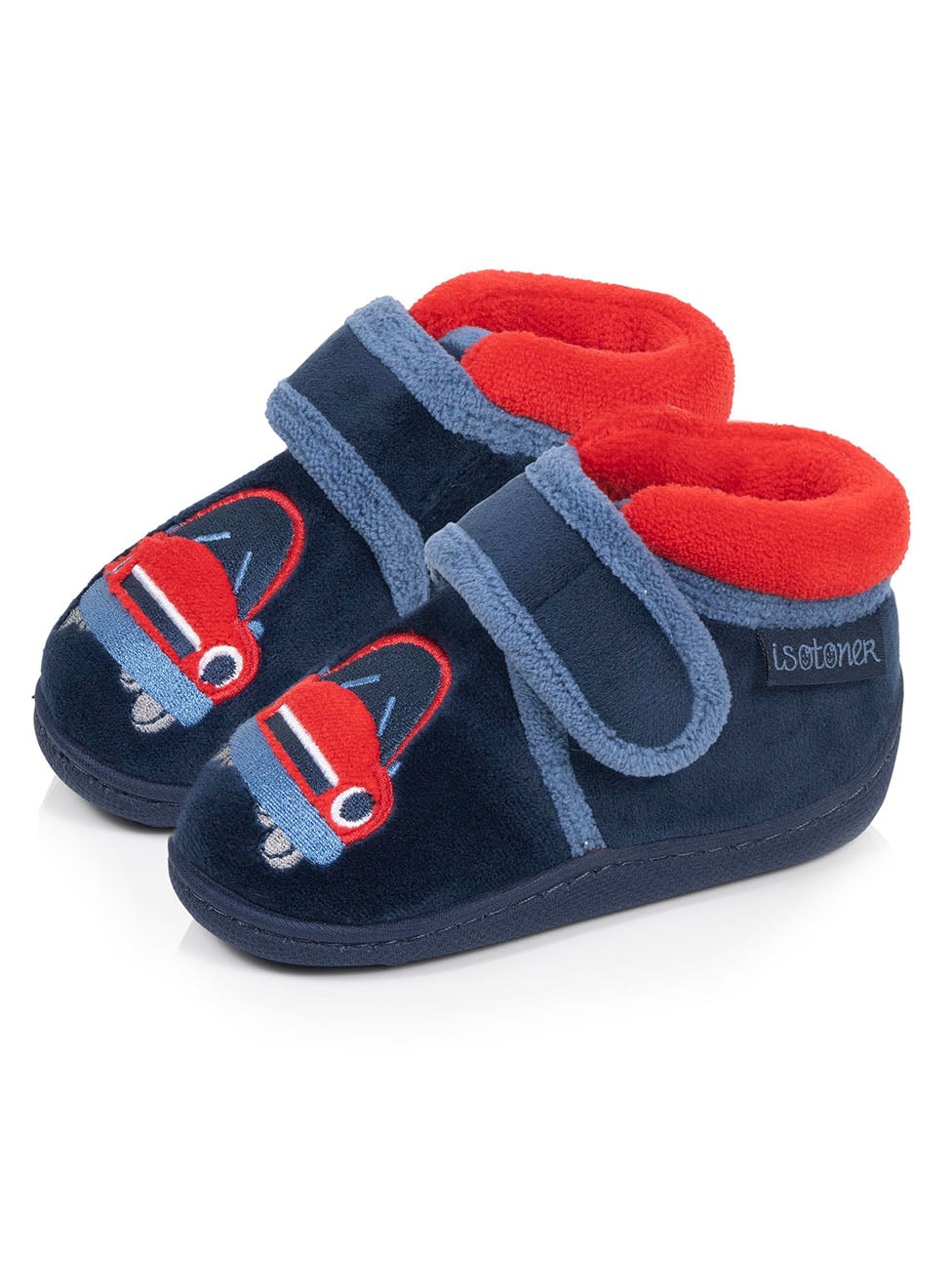 Isotoner Navy Baby Boys Hook-and-Loop Velour Boot Slippers