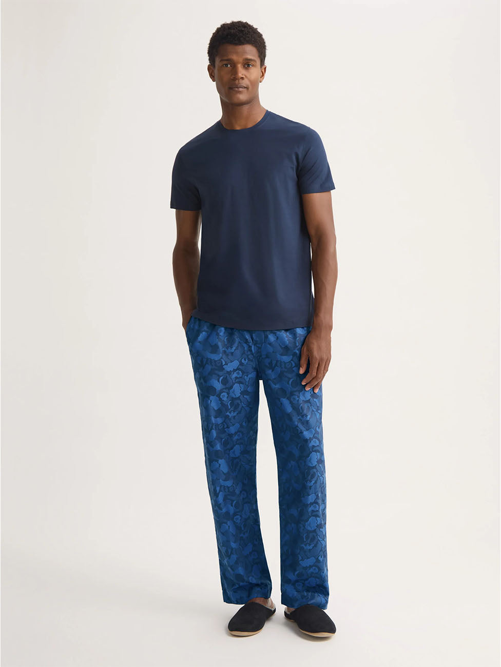 Derek Rose Navy Blue Camo Rose Weave Lounge Trousers