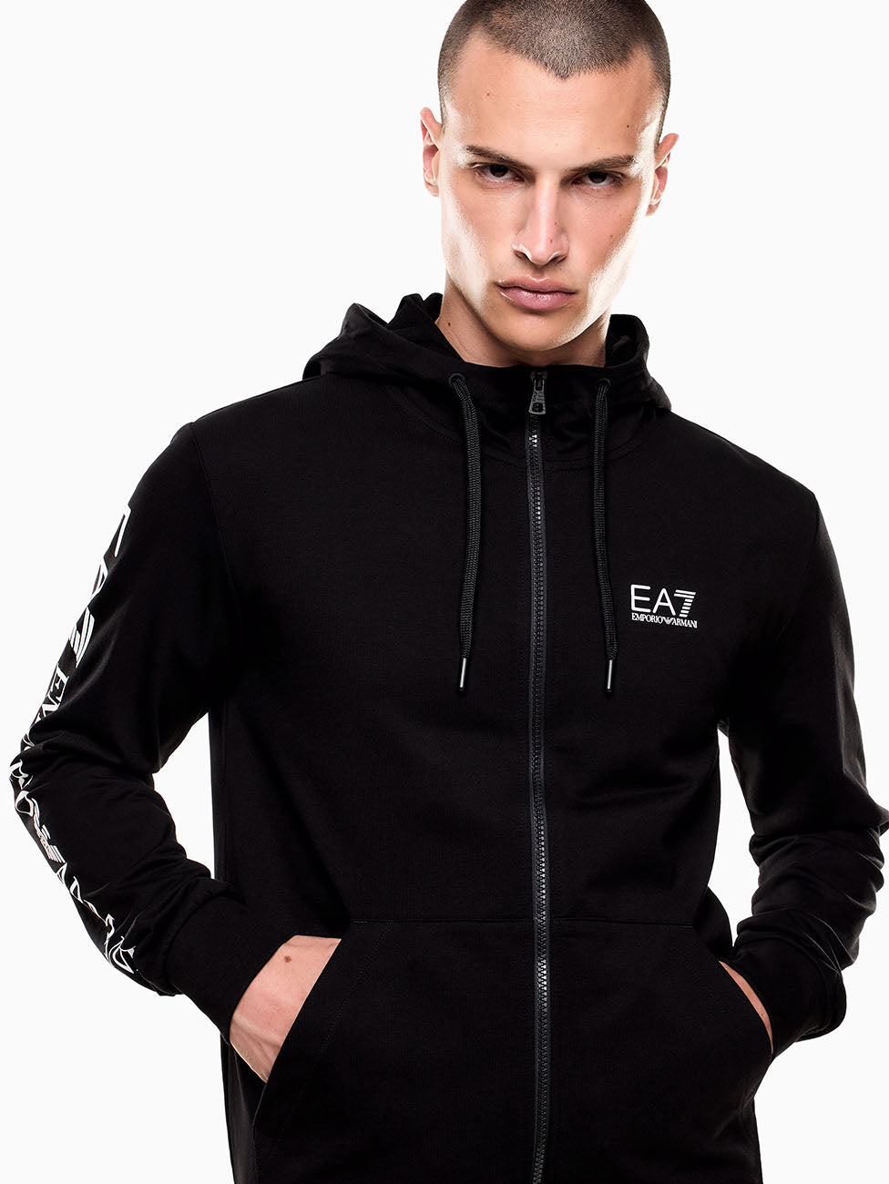 EA7 Logo Series Hooded Cotton Zip-up Sweatshirt