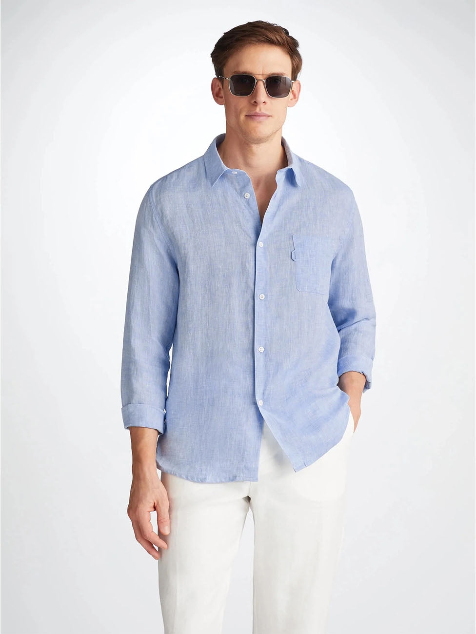 Derek Rose Monaco Linen Blue Men's Shirt